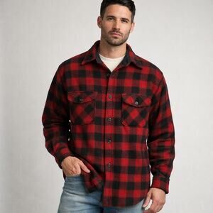 Woolrich Buffalo Plaid Wool Flannel Shirt Jacket USA Made Red Black Mens Large